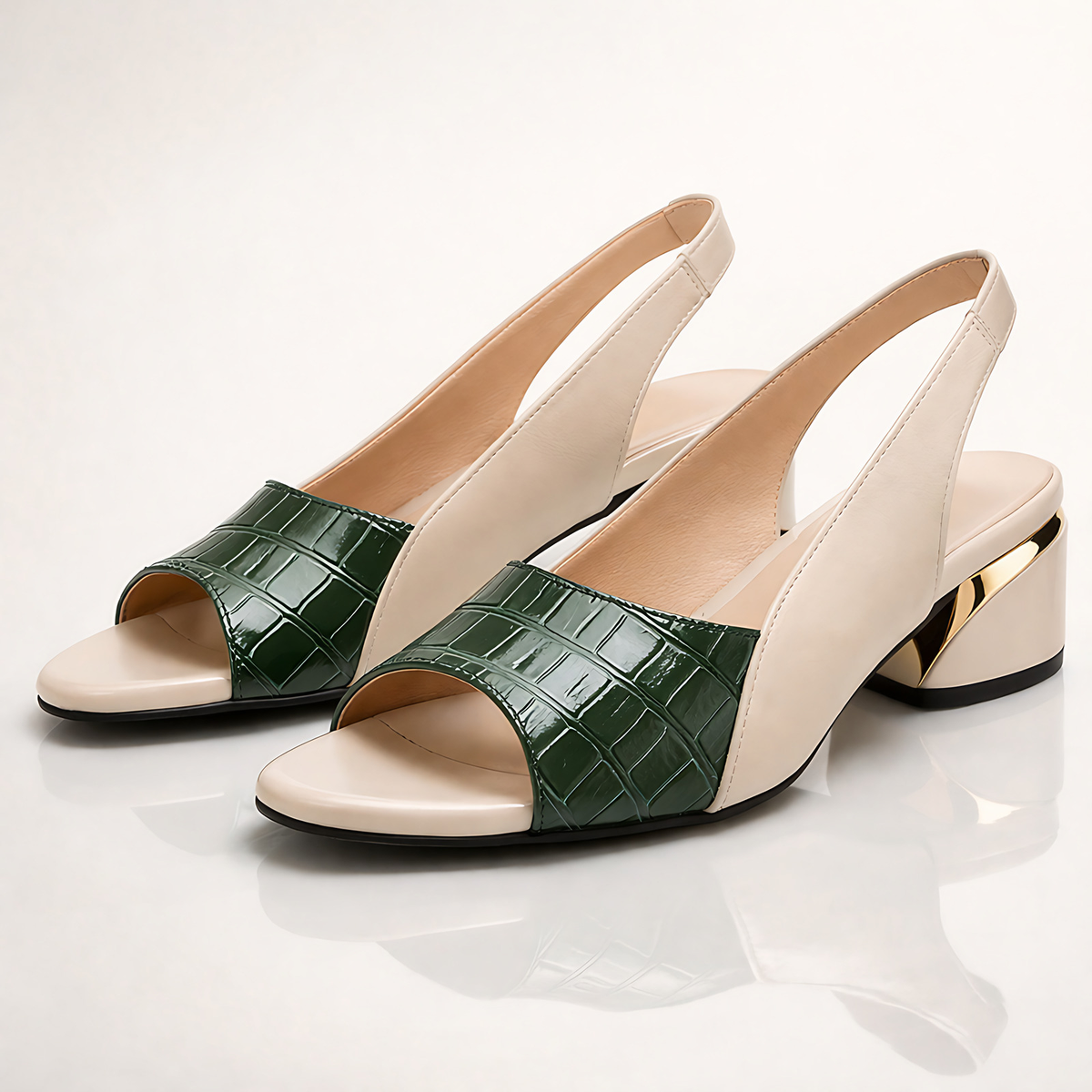 Sandales femme à talon moyen et bride arrière, bicolores, beige et vert