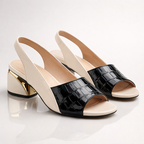 Sandales femme à talon moyen et bride arrière, bicolores, beige et noir