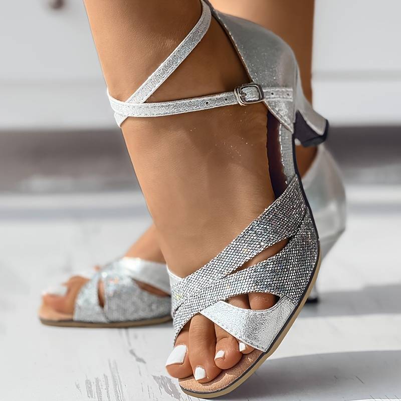Sandales à talon pailletées femme, brides réglables, soirée