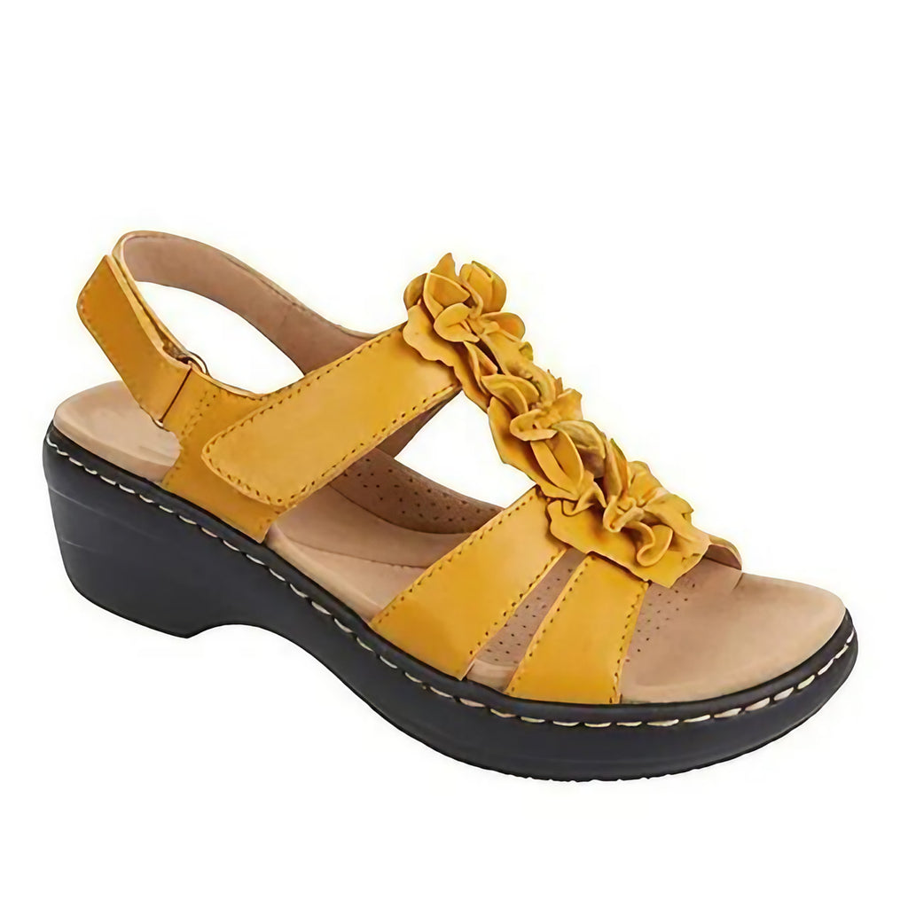 Sandales orthopédiques femme plates, motif fleuri bohème, jaune