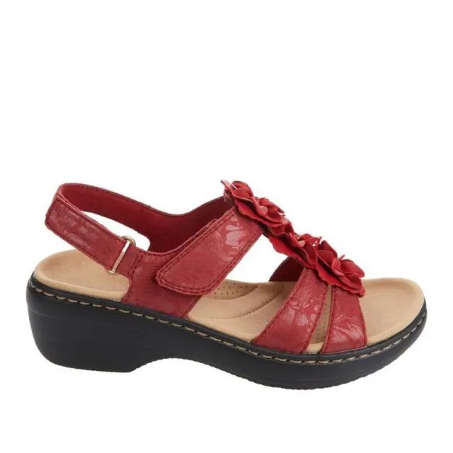 Sandales orthopédiques femme plates, motif fleuri bohème, rouge