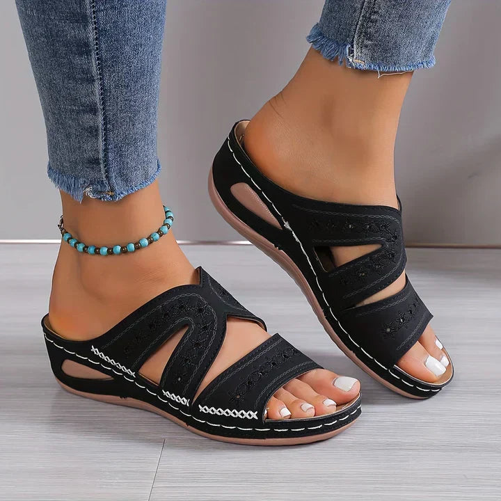 Sandales orthopédiques femme à semelle gel, talon compensé, noir