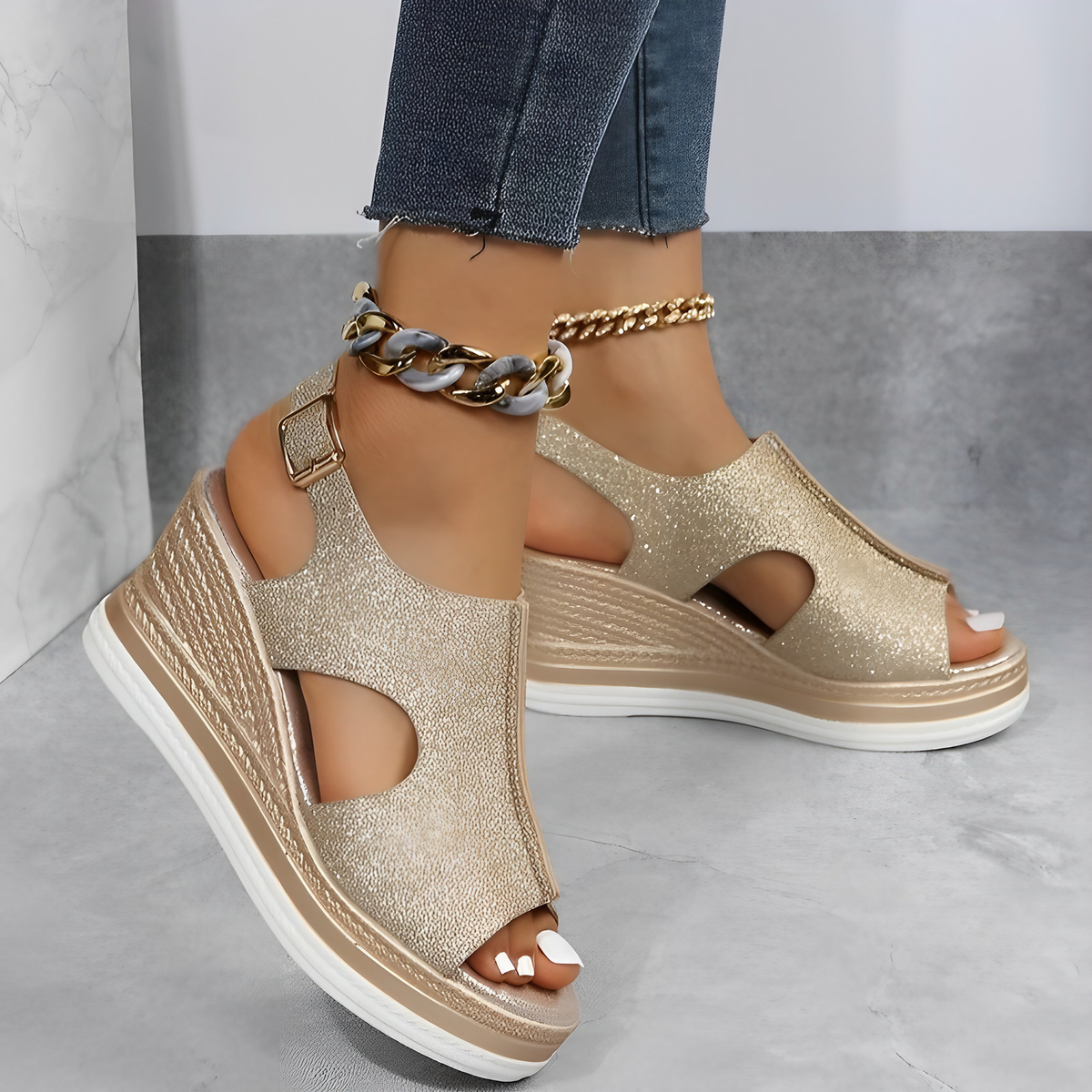 Sandales orthopédiques femme, semelle souple, six coloris, doré brillant