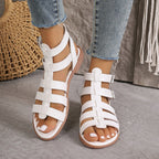 Sandales plates femme style romain à boucles réglables, beige