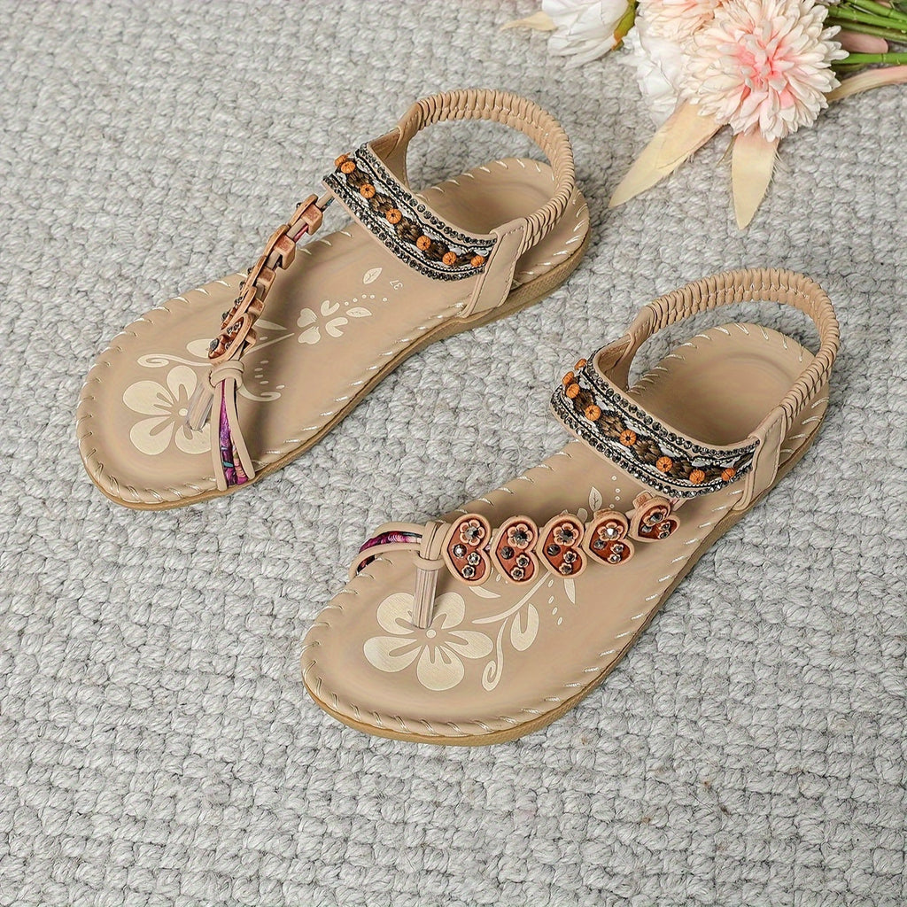 Tongs femme à fleurs perlées, brides élastiques, style bohème