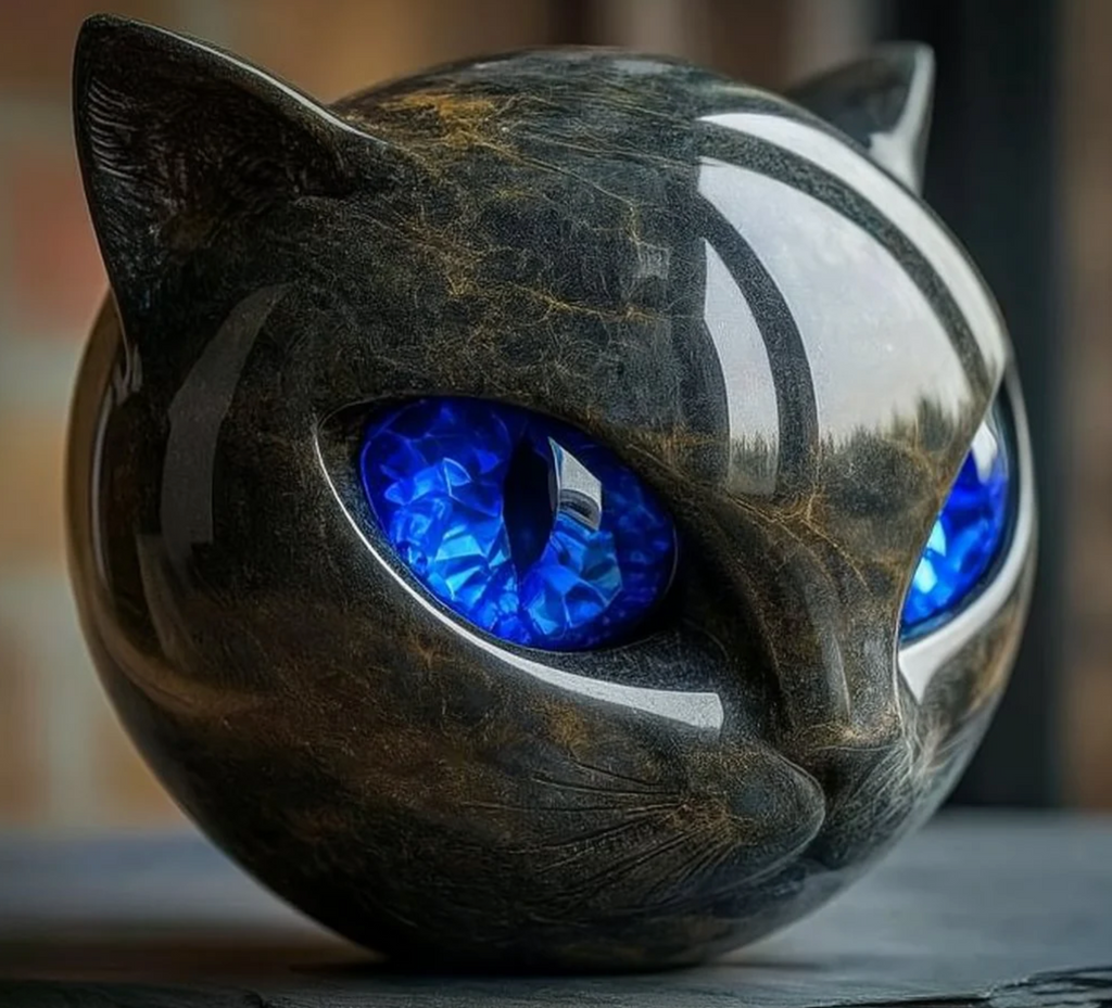 Statuette tête de chat effet marbre, 12 cm, cinq coloris, bleu