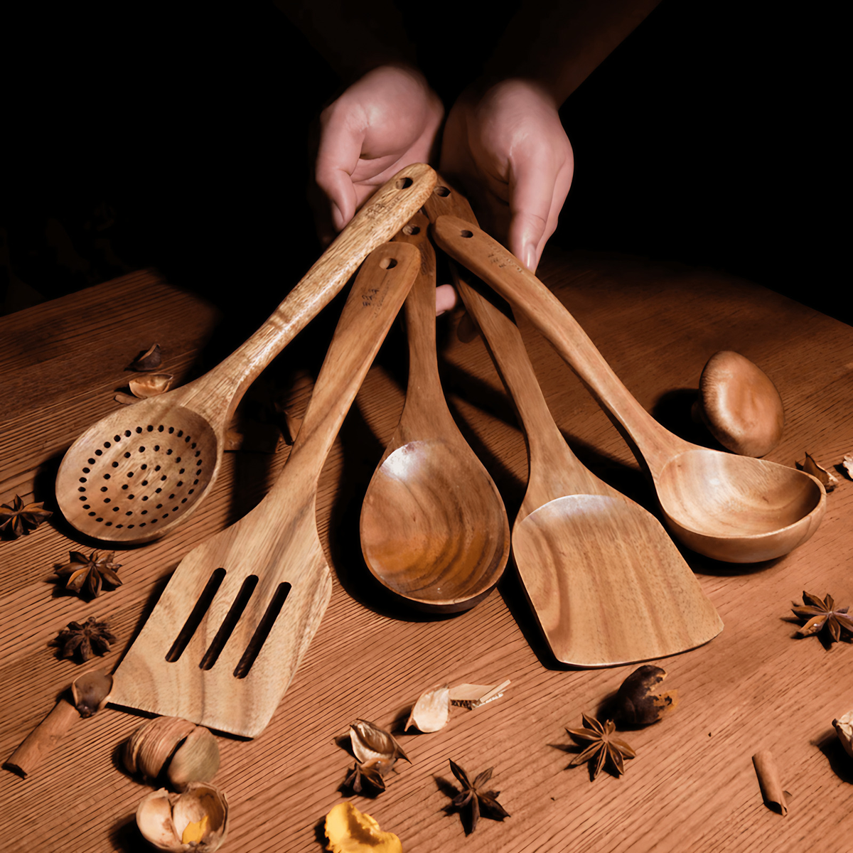 Ustensiles de cuisine en bois naturel, jeu de 5 pièces