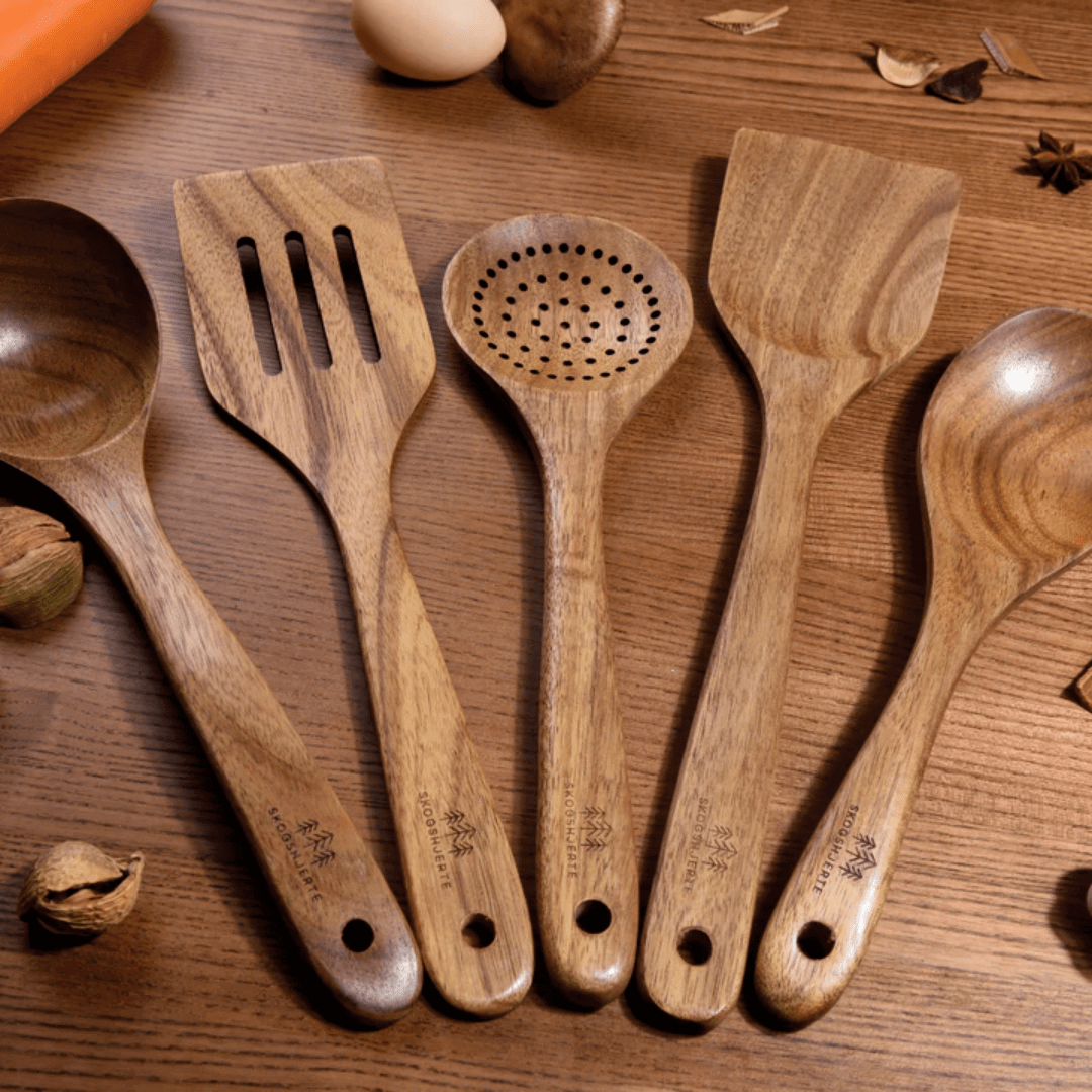 Ustensiles de cuisine en bois naturel, jeu de 5 pièces