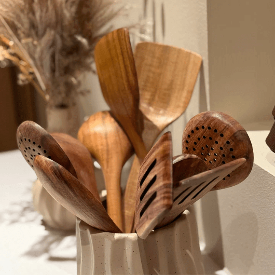 Ustensiles de cuisine en bois naturel, jeu de 5 pièces