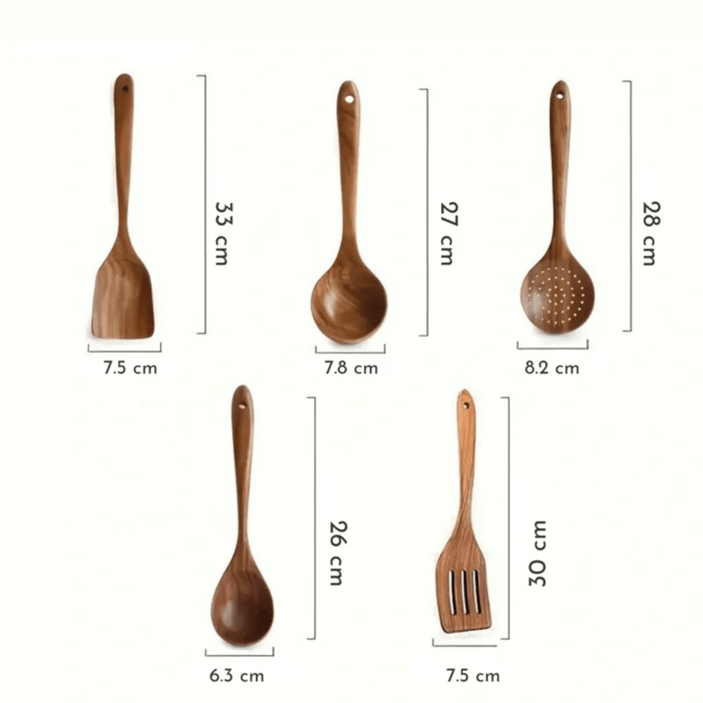 Ustensiles de cuisine en bois naturel, jeu de 5 pièces