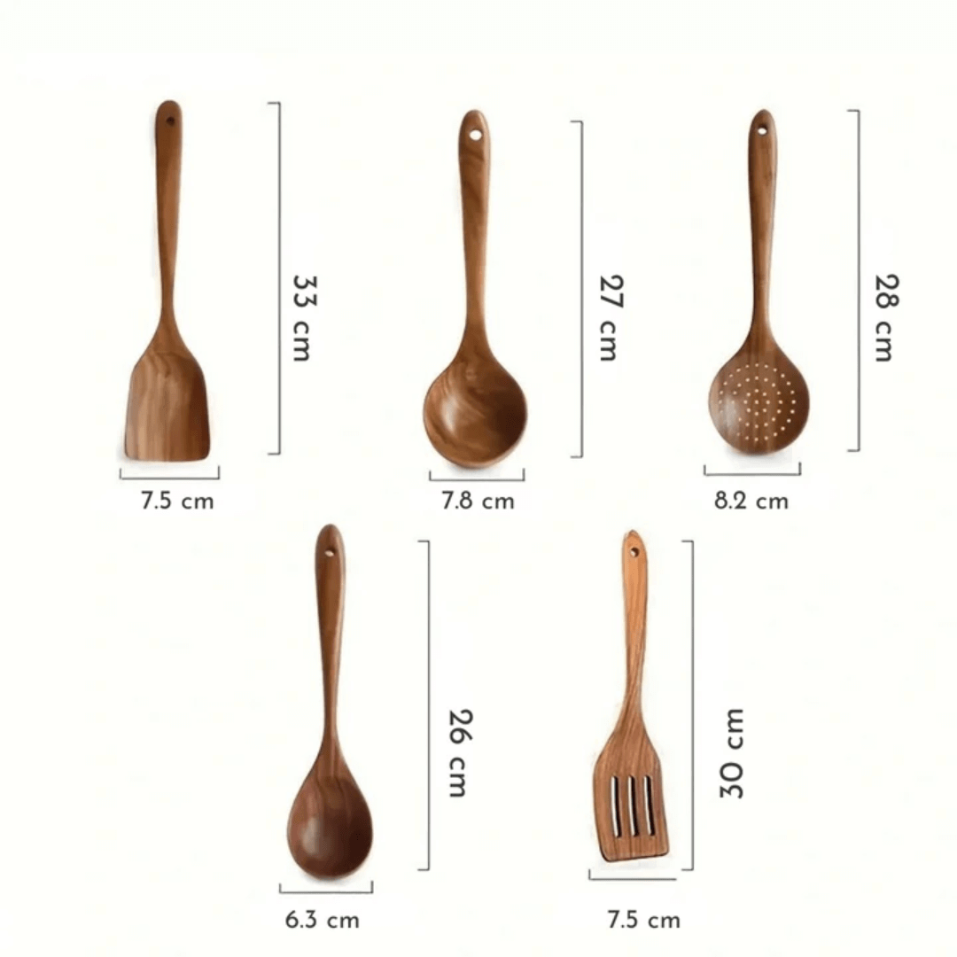 Ustensiles de cuisine en bois naturel, jeu de 5 pièces