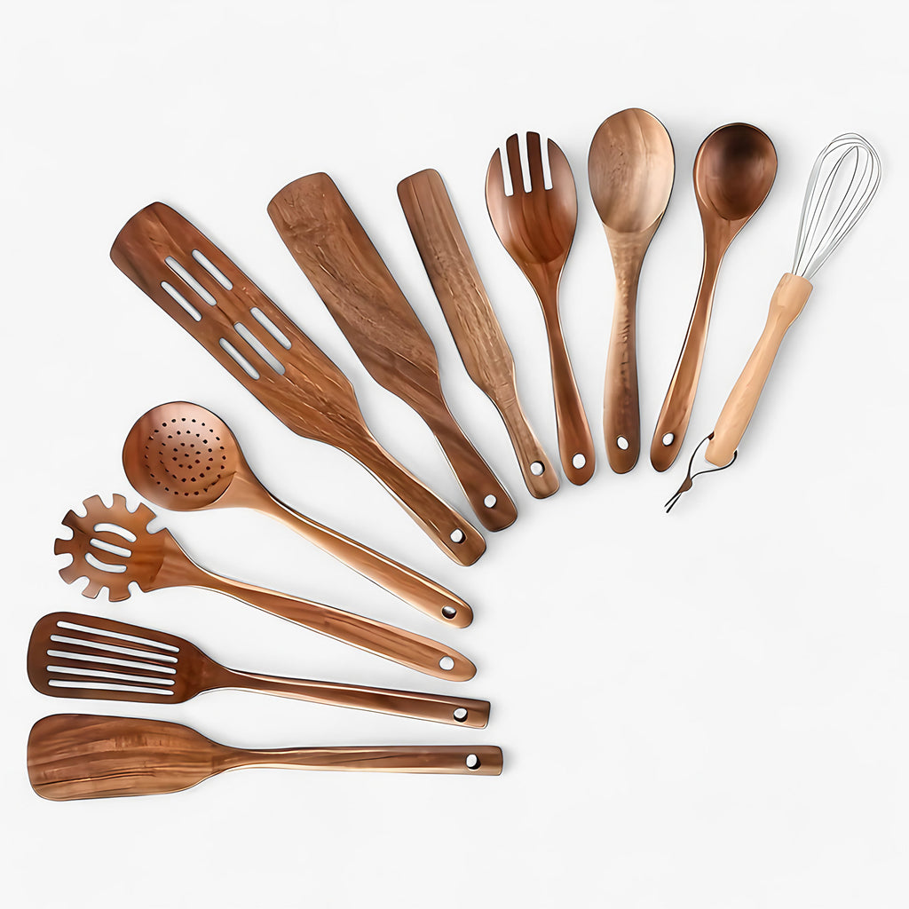 Set d'ustensiles de cuisine en bois, 11 pièces