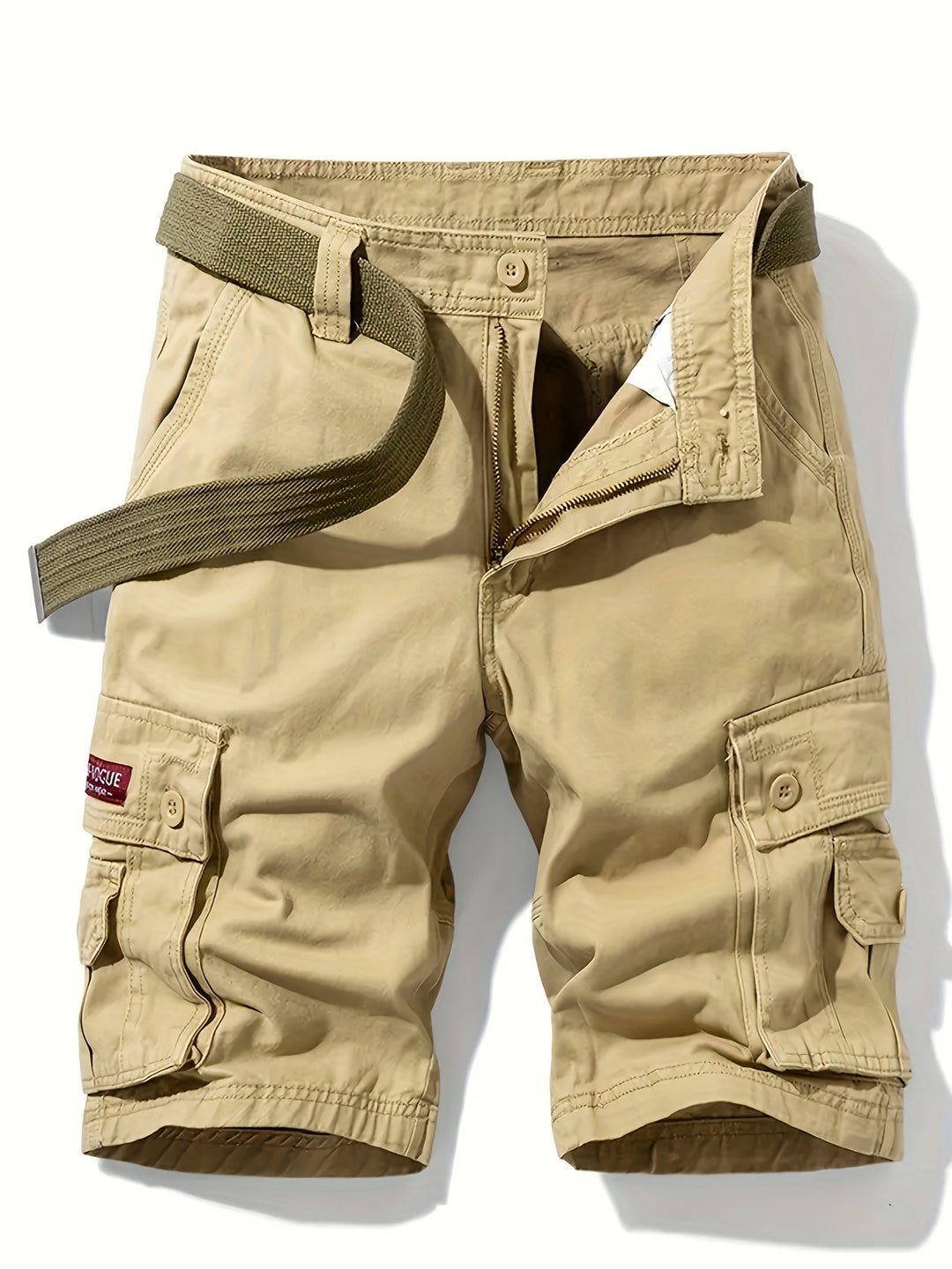 Short cargo homme d'été multipoches, ceinture incluse, kaki