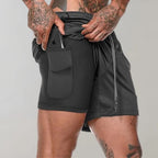 Short de sport homme avec sous-short de compression et poches, gris foncé