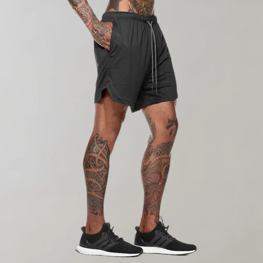 Short de sport homme avec sous-short de compression et poches