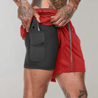 Short de sport homme avec sous-short de compression et poches, rouge