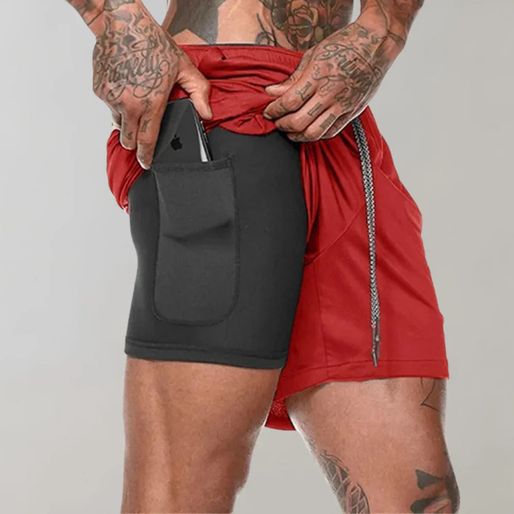 Short de sport homme avec sous-short de compression et poches, rouge
