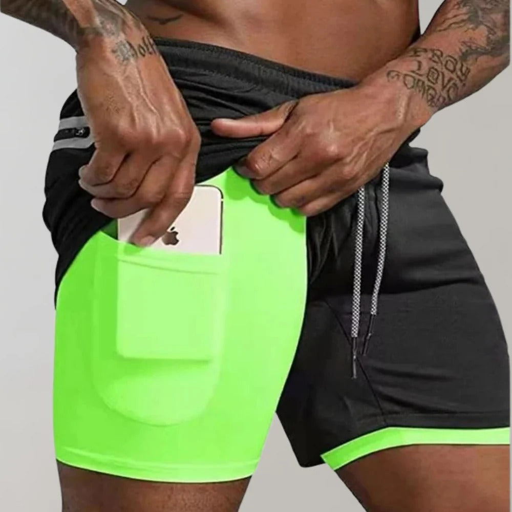 Short de sport homme avec sous-short de compression et poches, noir