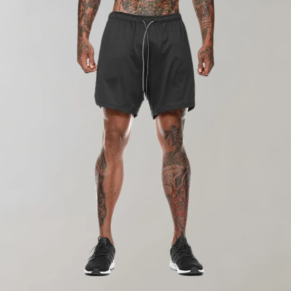 Short de sport homme avec sous-short de compression et poches