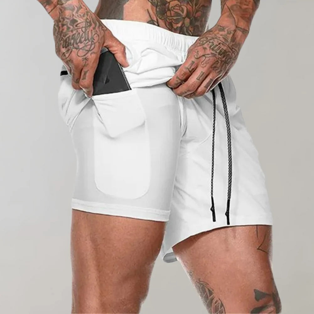 Short de sport homme avec sous-short de compression et poches, blanc