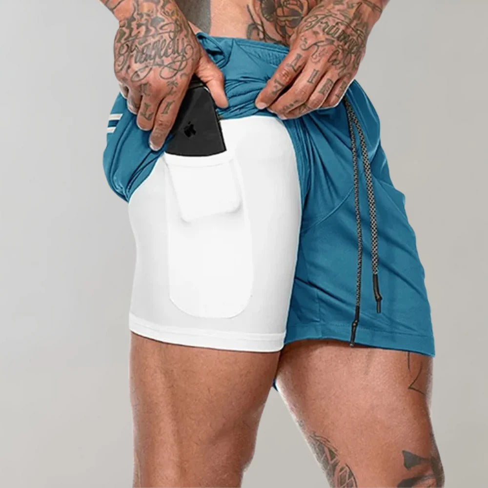 Short de sport homme avec sous-short de compression et poches, bleu