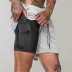 Short de sport homme avec sous-short de compression et poches, gris clair
