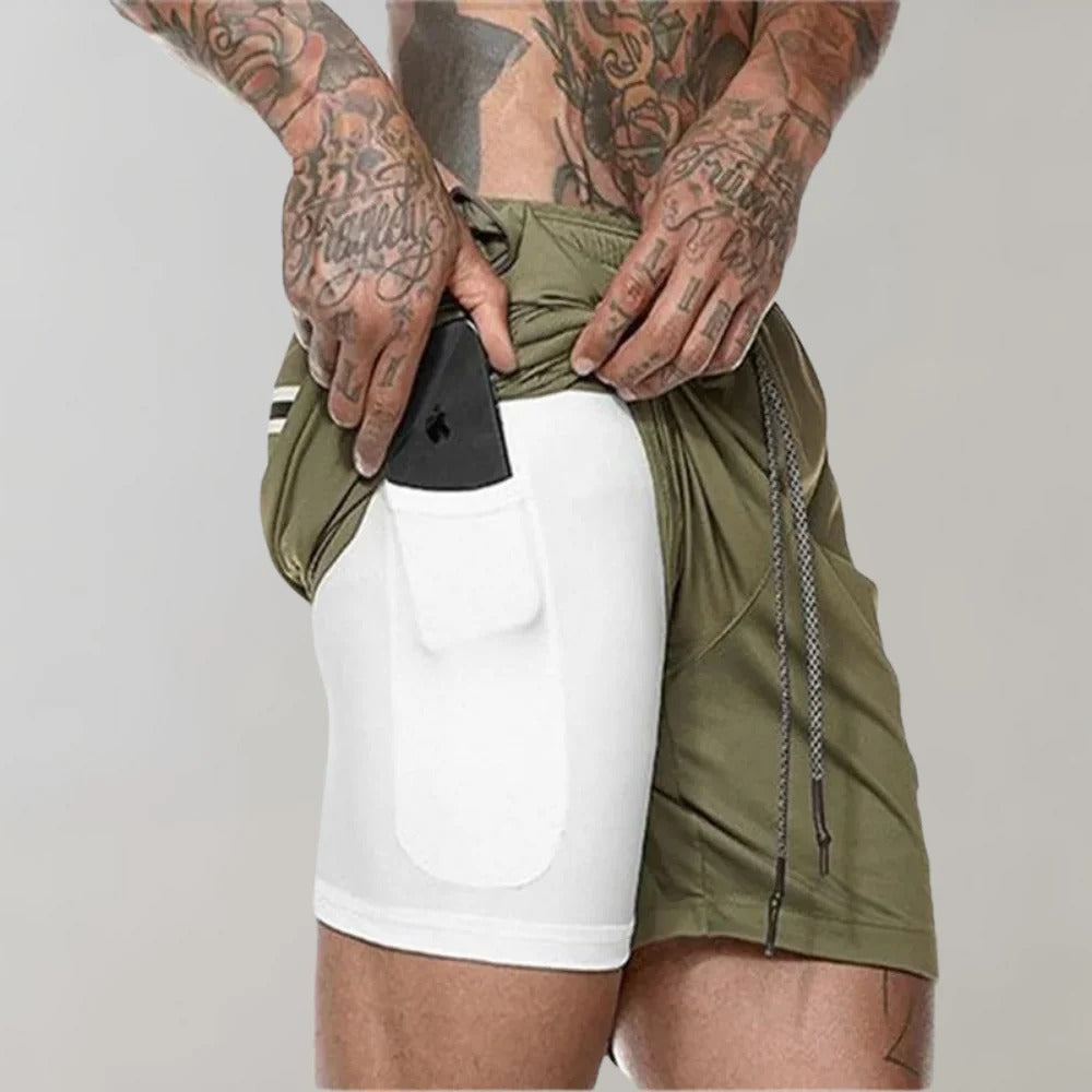 Short de sport homme avec sous-short de compression et poches, vert armée