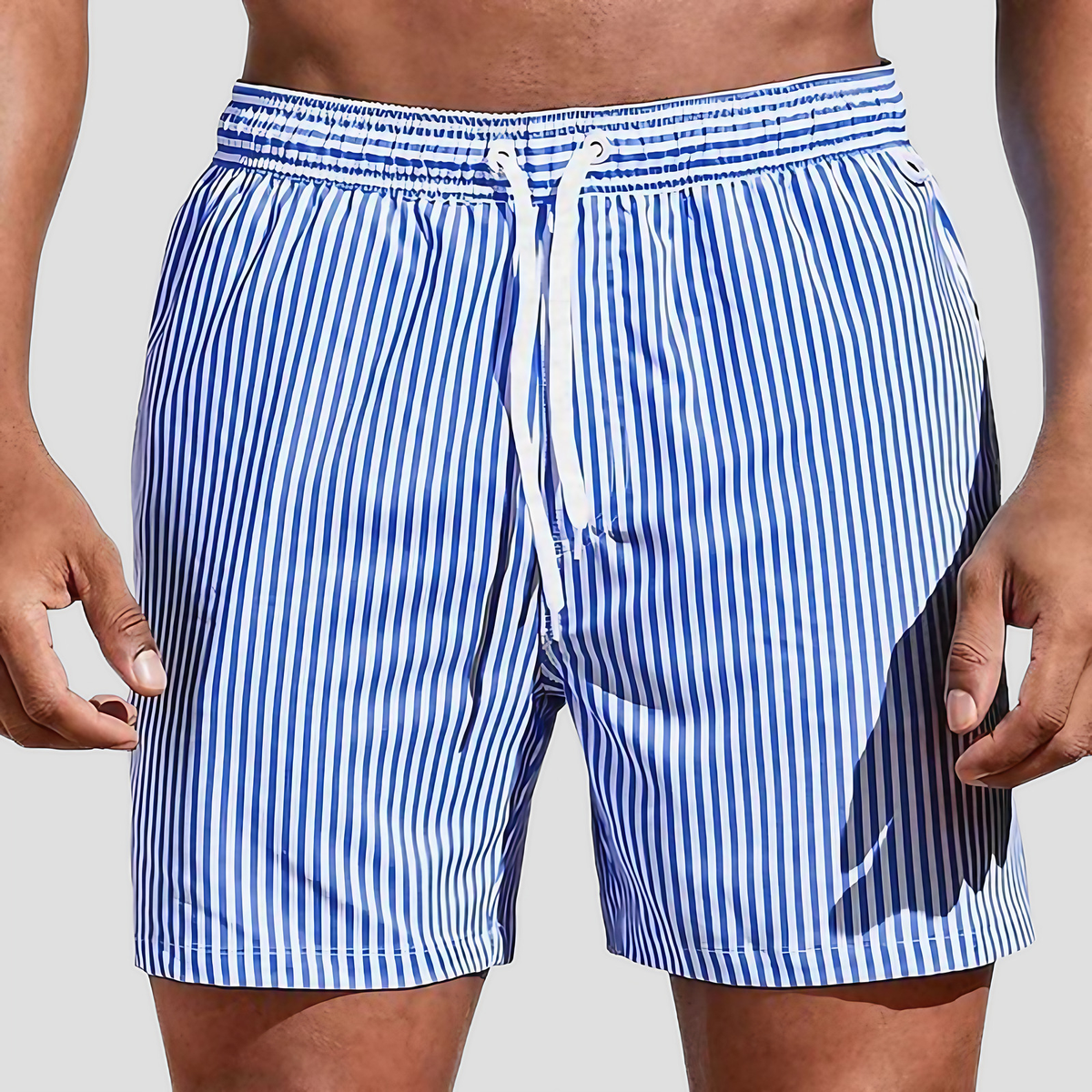 Short de bain homme à rayures, taille à cordon, poches, bleu