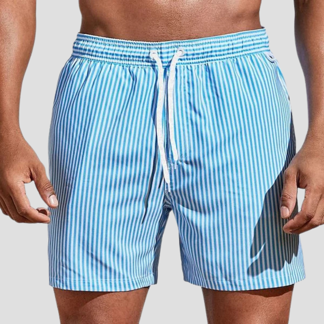 Short de bain homme à rayures, taille à cordon, poches, bleu clair