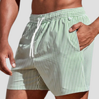 Short de bain homme à rayures, taille à cordon, poches, vert