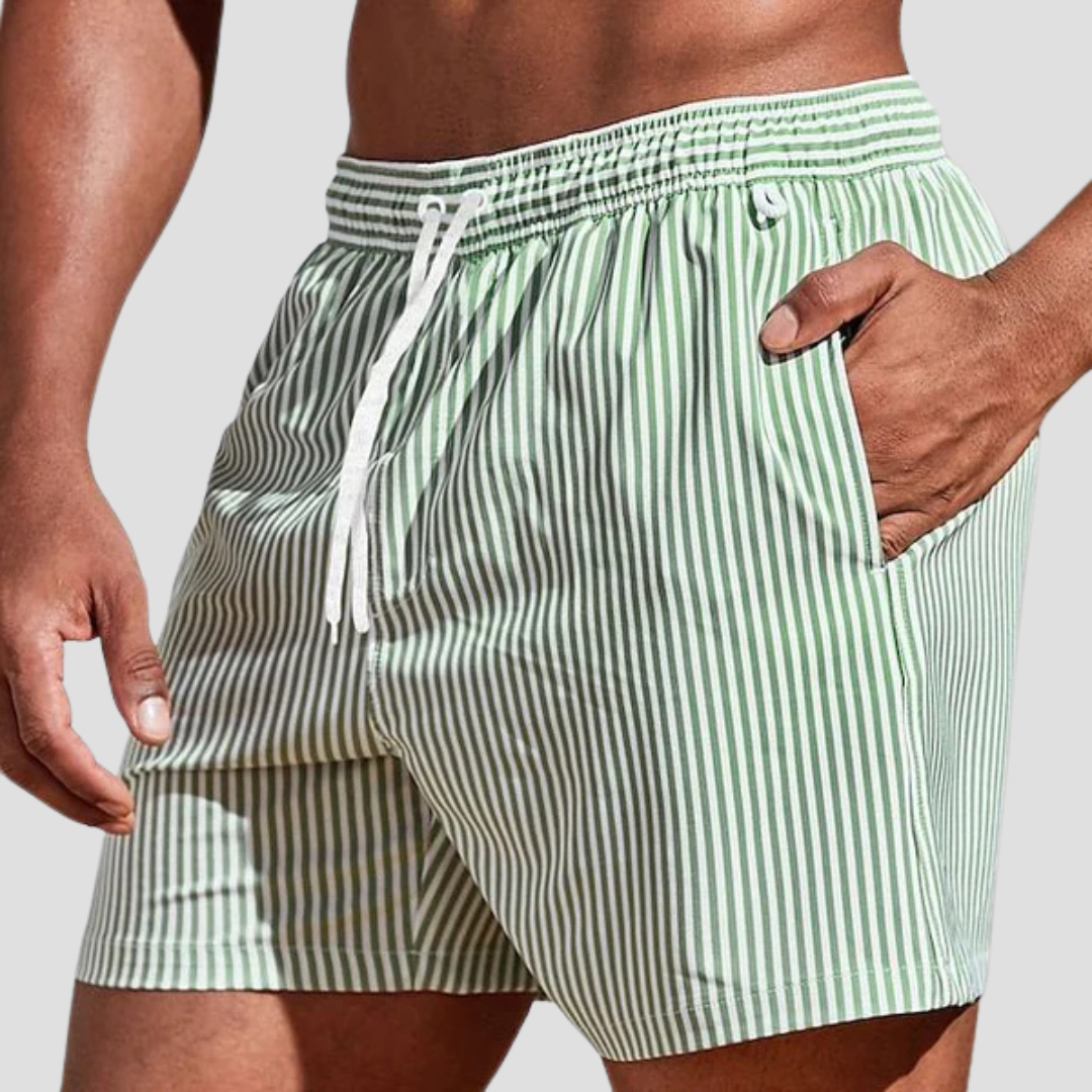 Short de bain homme à rayures, taille à cordon, poches, vert