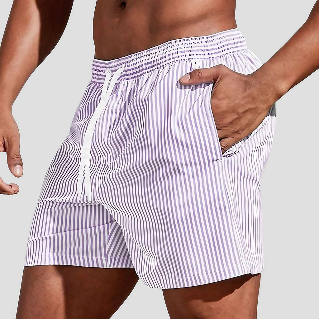 Short de bain homme à rayures, taille à cordon, poches, violet