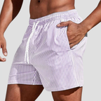 Short de bain homme à rayures, taille à cordon, poches, violet