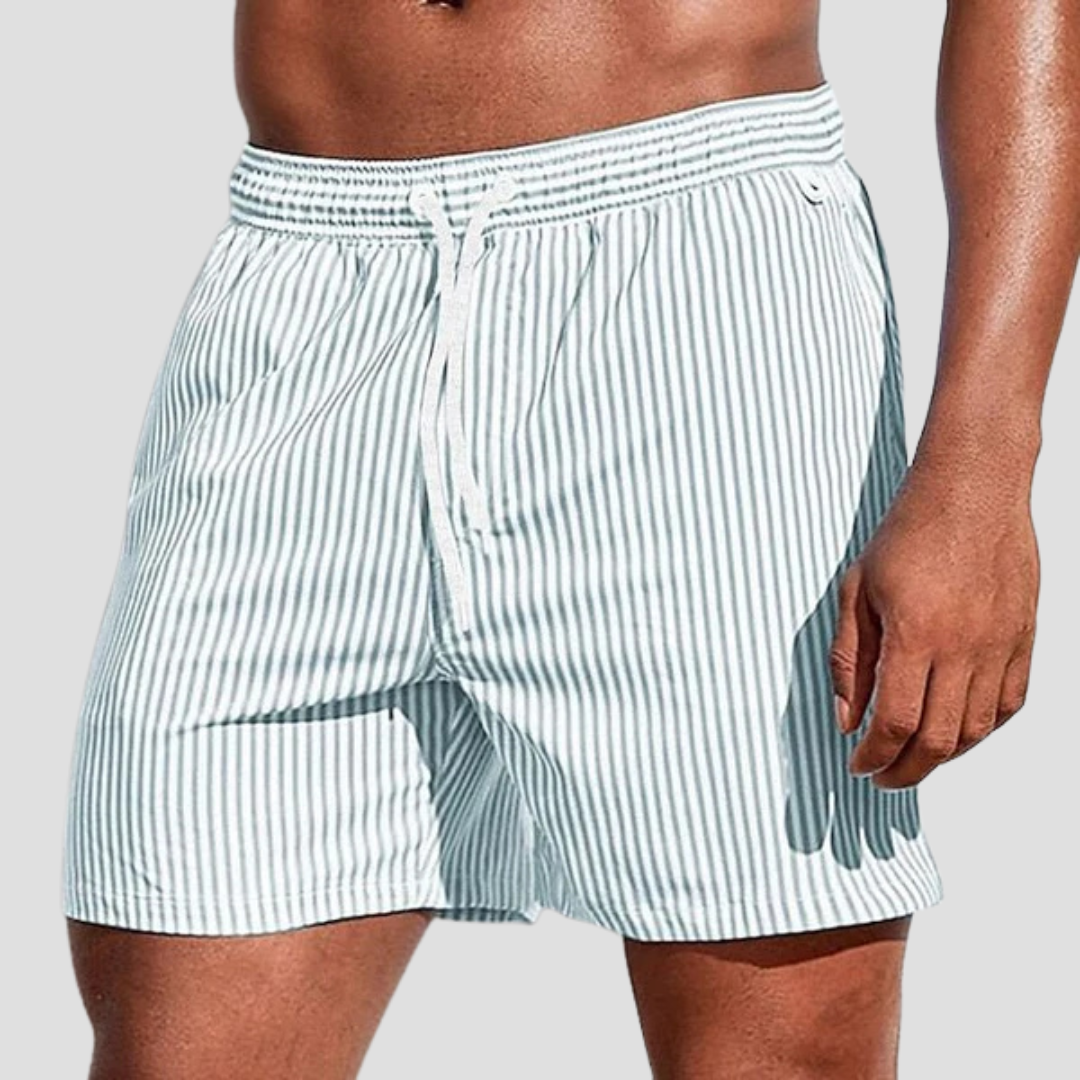 Short de bain homme à rayures, taille à cordon, poches, vert clair