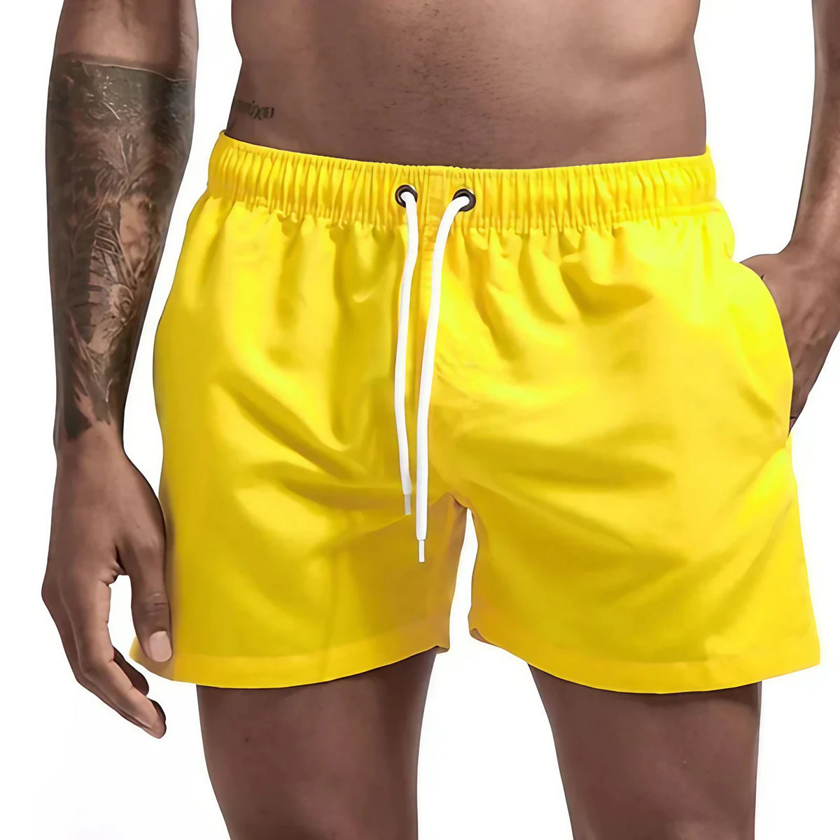 Short de bain homme doublé, cordon et poches, quatorze coloris, jaune