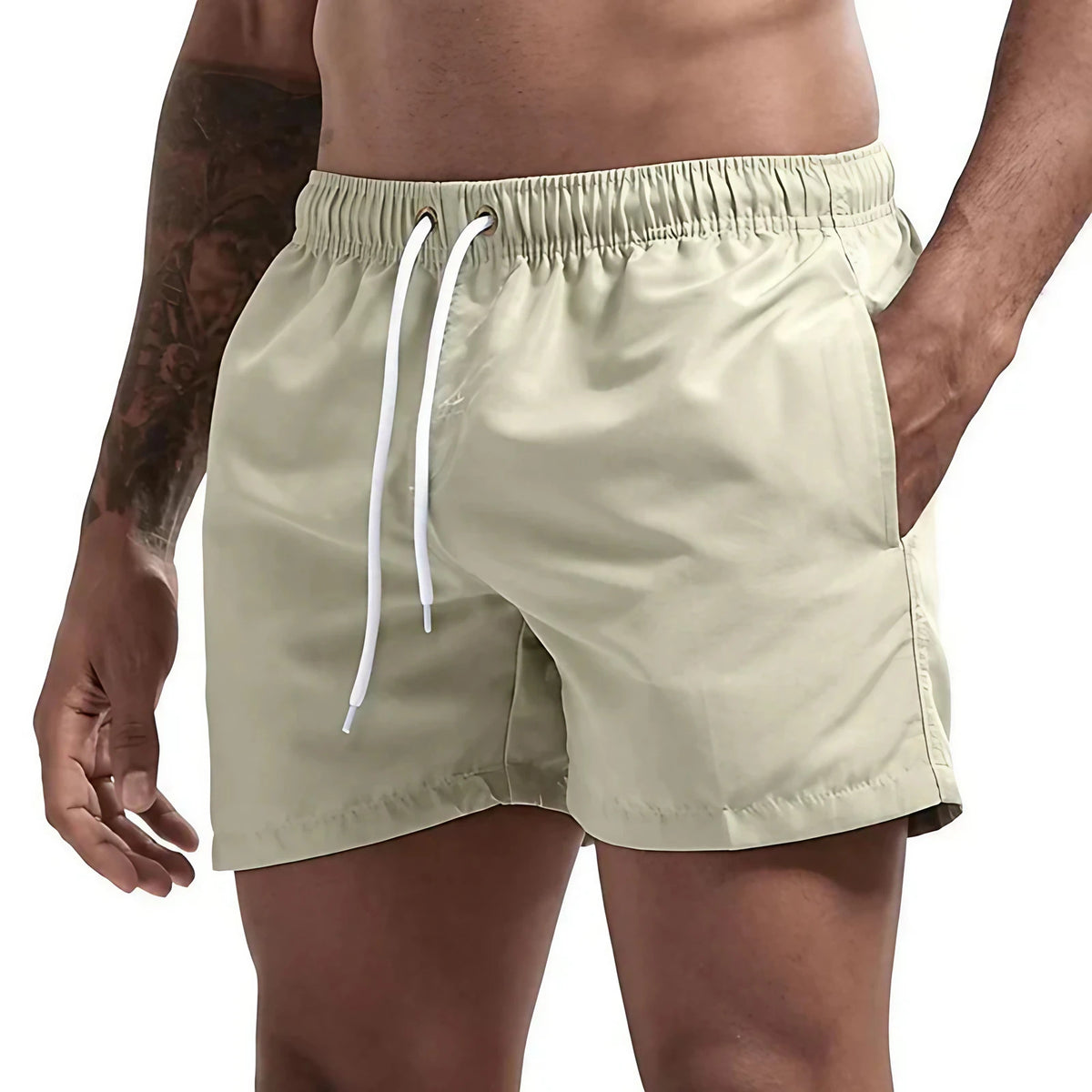Short de bain homme doublé, cordon et poches, quatorze coloris, vert sauge