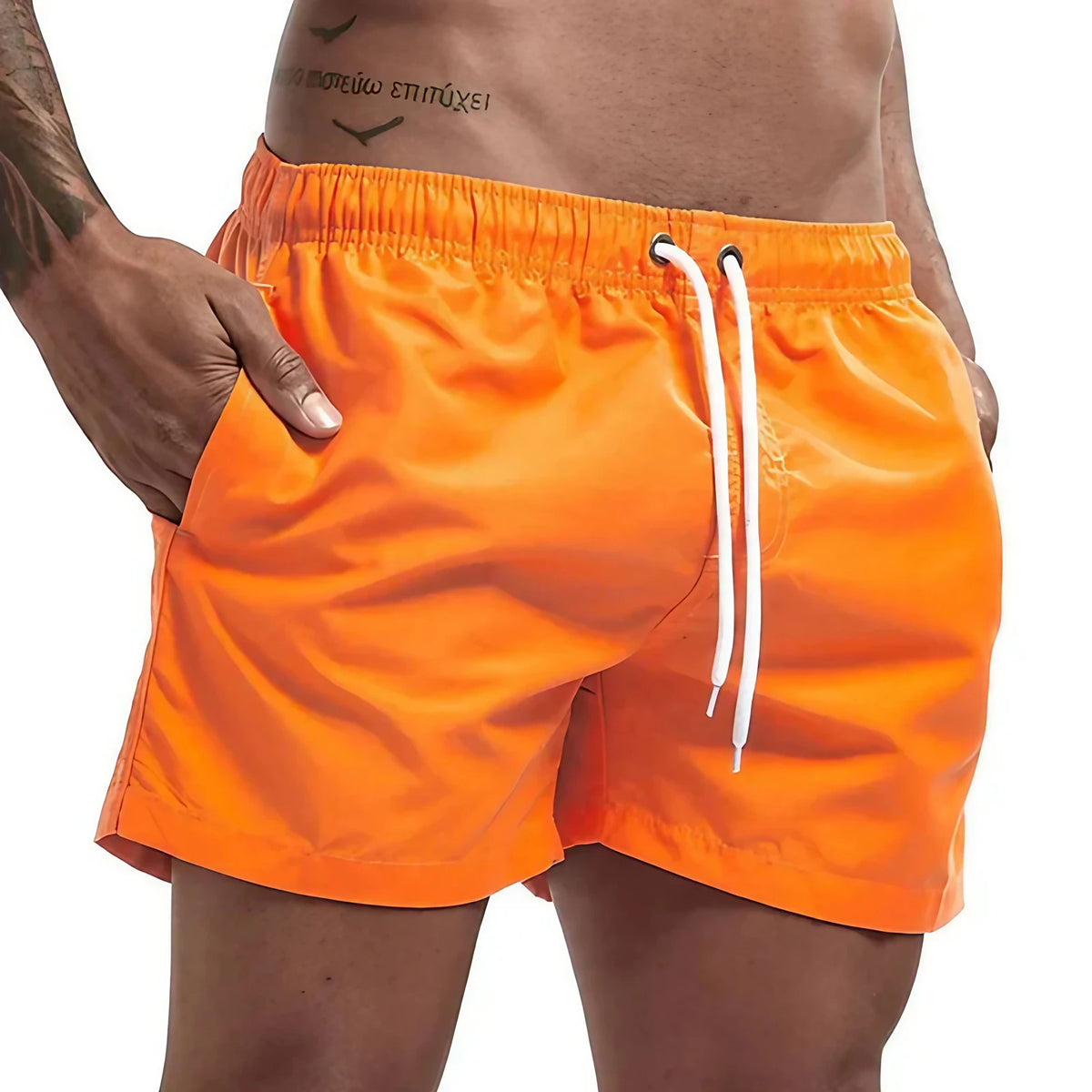 Short de bain homme doublé, cordon et poches, quatorze coloris, orange