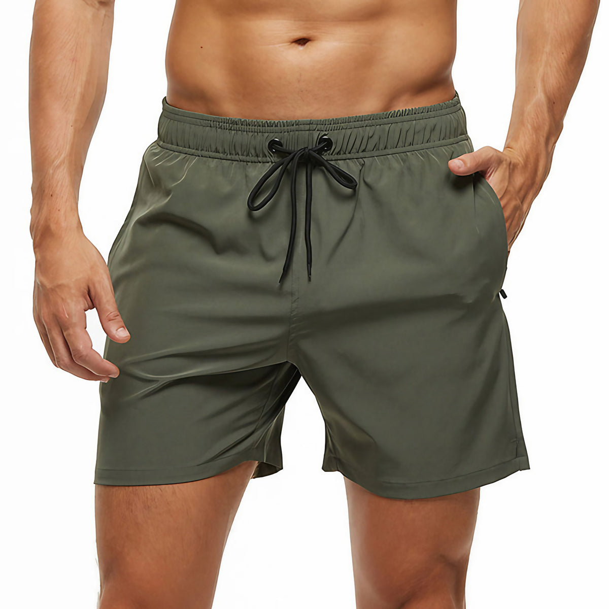 Short de sport homme à séchage rapide, taille à cordon, vert foncé