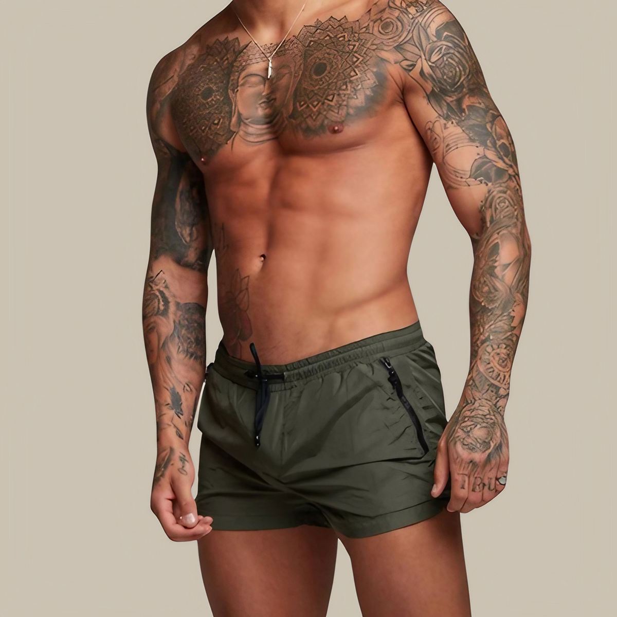 Short homme stretch à séchage rapide, taille à cordon, huit coloris, kaki