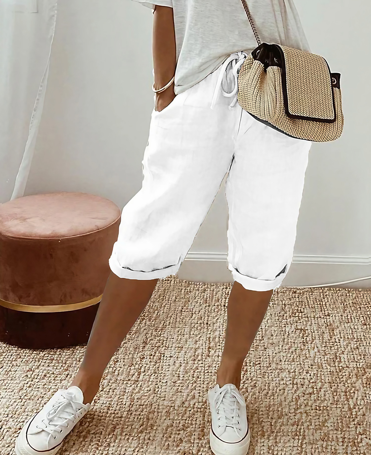 Short femme longueur genou, coupe décontractée, du S au 3XL, blanc
