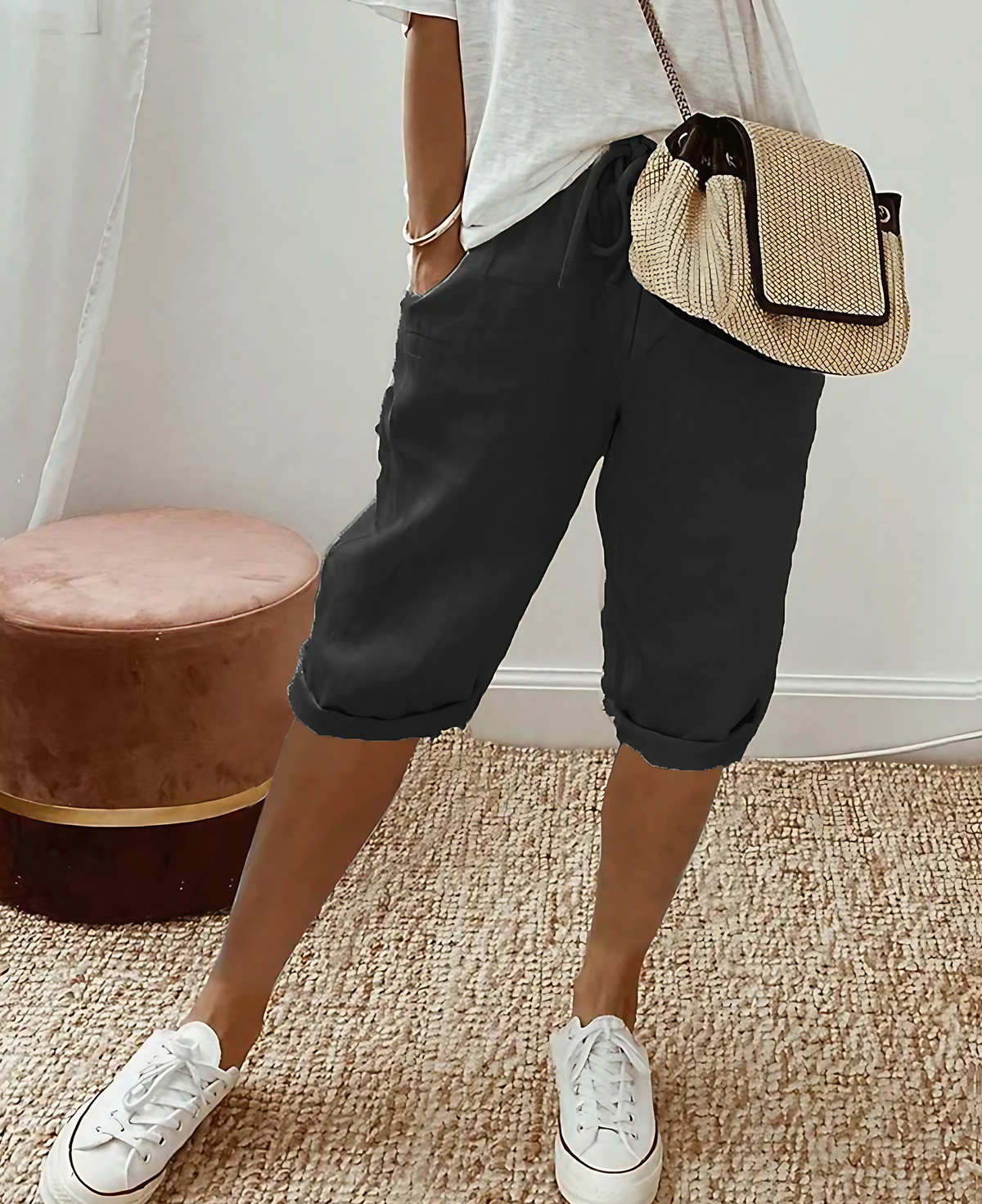 Short femme longueur genou, coupe décontractée, du S au 3XL, noir
