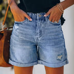 Short bleu femme taille haute, ourlets à revers, poches, bleu