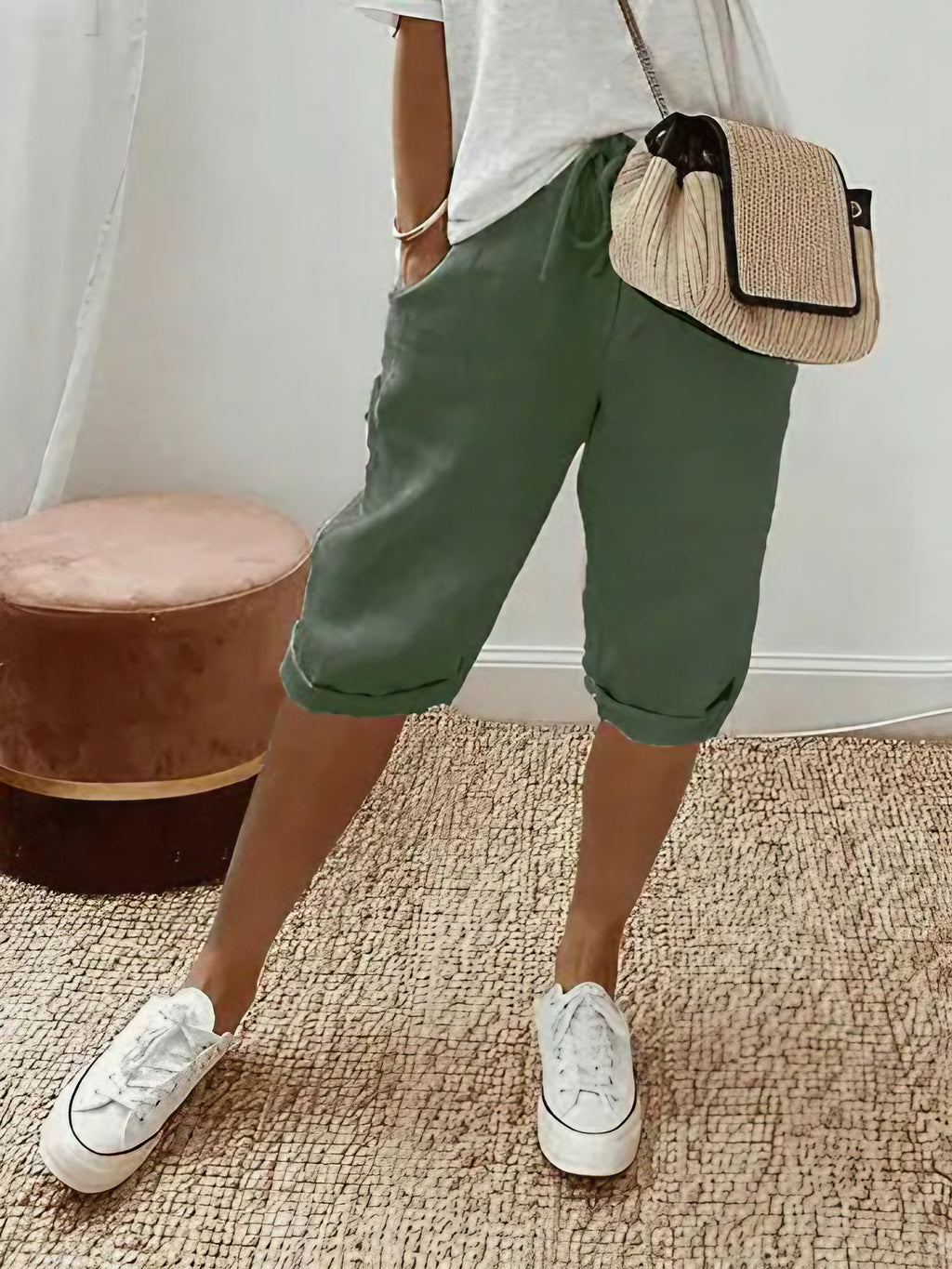 Short femme à taille élastique, cordon et poches, cinq coloris, vert
