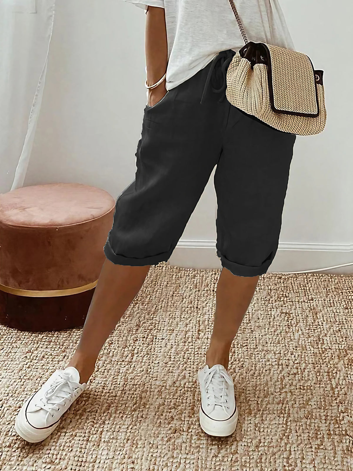 Short femme à taille élastique, cordon et poches, cinq coloris, noir