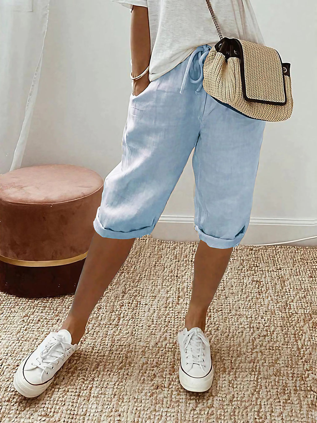 Short femme à taille élastique, cordon et poches, cinq coloris, bleu