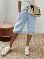 Short femme à taille élastique, cordon et poches, cinq coloris, bleu