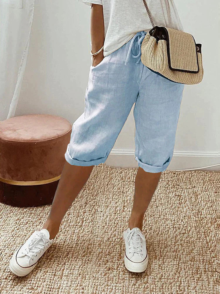 Short femme à taille élastique, cordon et poches, cinq coloris, bleu