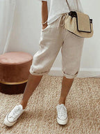 Short femme à taille élastique, cordon et poches, cinq coloris, beige