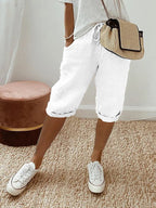 Short femme à taille élastique, cordon et poches, cinq coloris, blanc