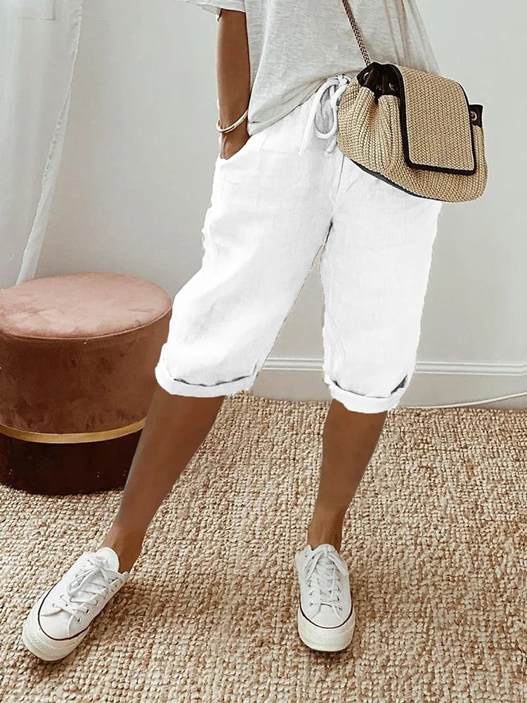 Short femme à taille élastique, cordon et poches, cinq coloris, blanc